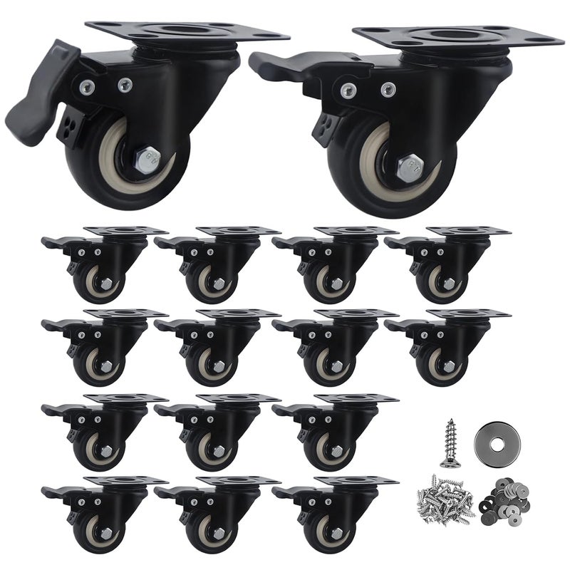 Htudcoue 2 Inch Caster Wheels Set of 16 Heavy Duty Casters,with Brake,No Noise Locking Polyurethane (PU) Wheels, for Furniture and Workbench Load 800lbs - Image 1